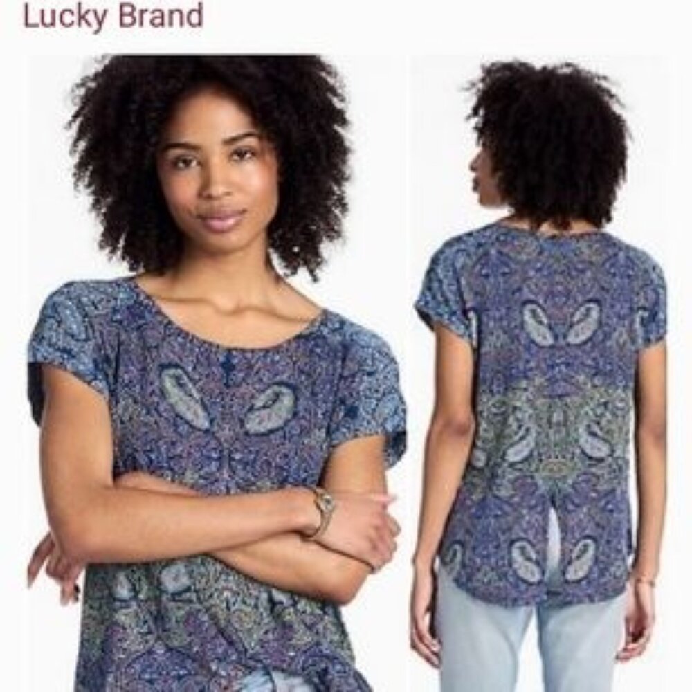 Lucky Brand Paisley Tee Shirt Short Sleeve Split Back 1X